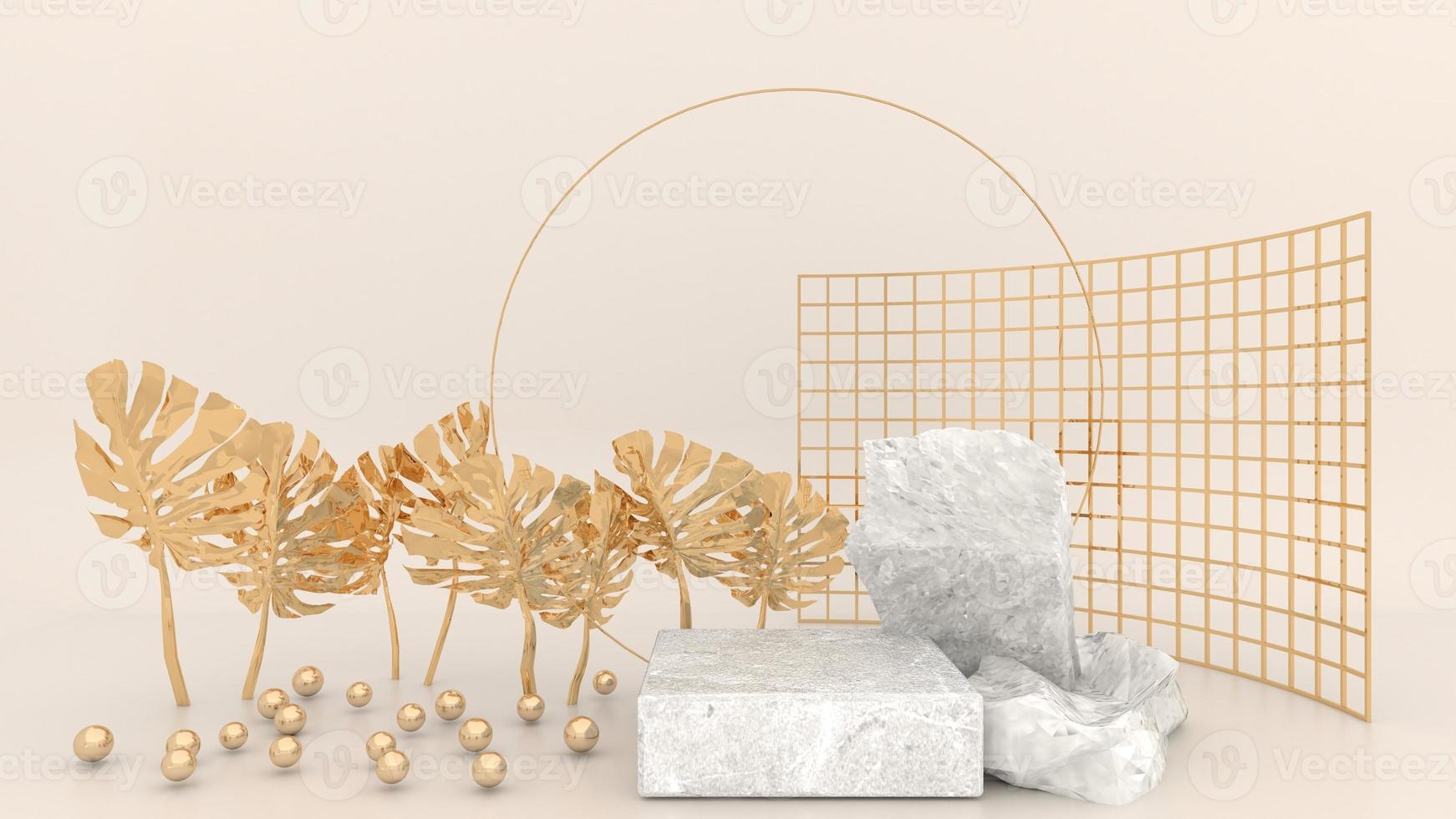 Geometric marble podium surrounded by golden spherical balls, gold leaves, and mesh panels on a cream background. Concept display for use in advertising media. 3d rendering photo