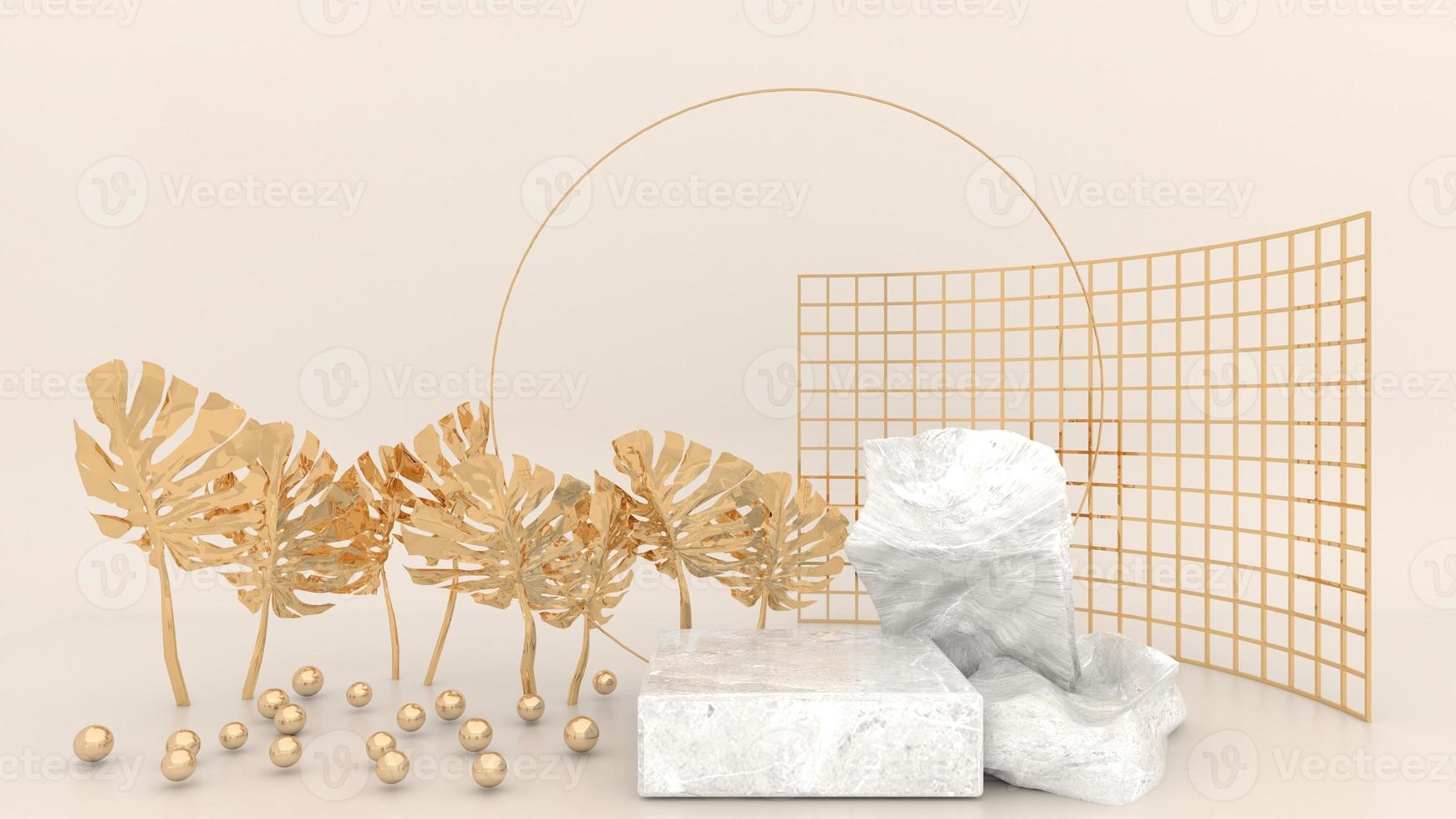 podio geométrico de mármol rodeado de bolas esféricas doradas, hojas doradas y paneles de malla sobre un fondo crema. pantalla de concepto para su uso en medios publicitarios. representación 3d foto