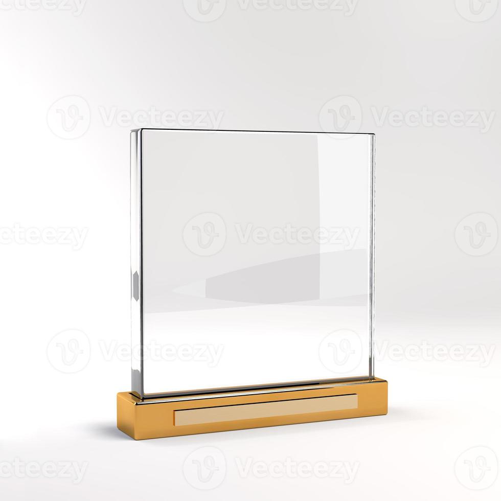 trophy product with gold metal base stand mockup blank glass 3d render photo