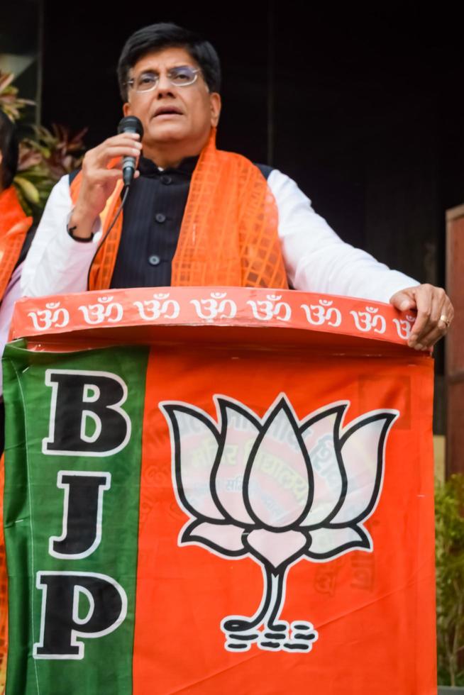 New Delhi, India - November 27 2022 - Piyush Goyal Cabinet Minister and core member of Bharatiya Janata Party BJP during a rally in support of BJP candidate ahead of MCD local body Elections 2022 photo