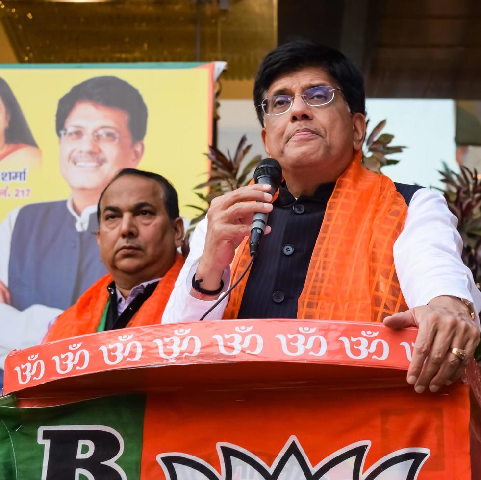 New Delhi, India - November 27 2022 - Piyush Goyal Cabinet Minister and core member of Bharatiya Janata Party BJP during a rally in support of BJP candidate ahead of MCD local body Elections 2022 photo