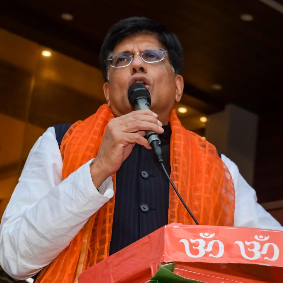 New Delhi, India - November 27 2022 - Piyush Goyal Cabinet Minister and core member of Bharatiya Janata Party BJP during a rally in support of BJP candidate ahead of MCD local body Elections 2022 photo