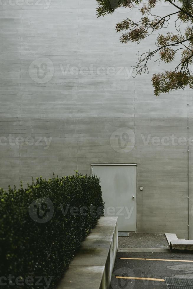 Grey metal entrance door or emergency exit of modern concrete building behind the green hedge photo