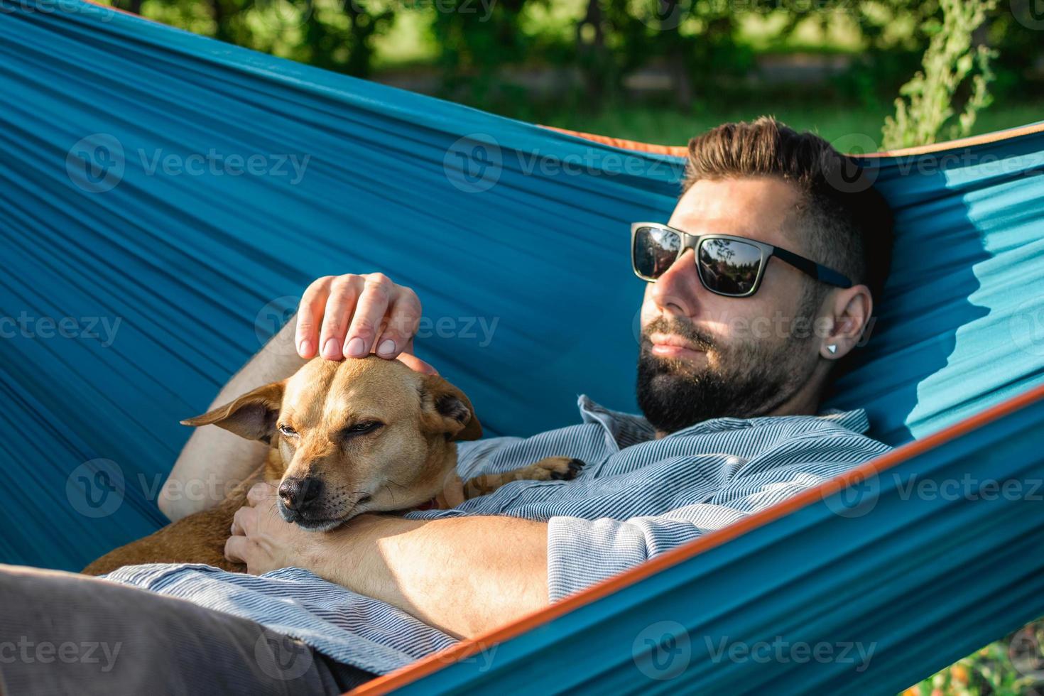 Cute little dog is yawing. Resting of dog with his owner in hammock on sunny summer day. photo