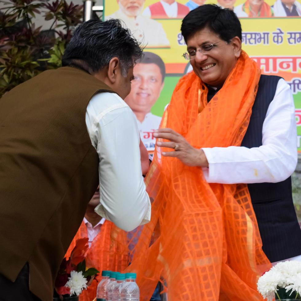 New Delhi, India - November 27 2022 - Piyush Goyal Cabinet Minister and core member of Bharatiya Janata Party BJP during a rally in support of BJP candidate ahead of MCD local body Elections 2022 photo