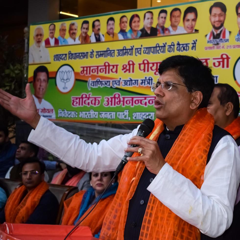 New Delhi, India - November 27 2022 - Piyush Goyal Cabinet Minister and core member of Bharatiya Janata Party BJP during a rally in support of BJP candidate ahead of MCD local body Elections 2022 photo