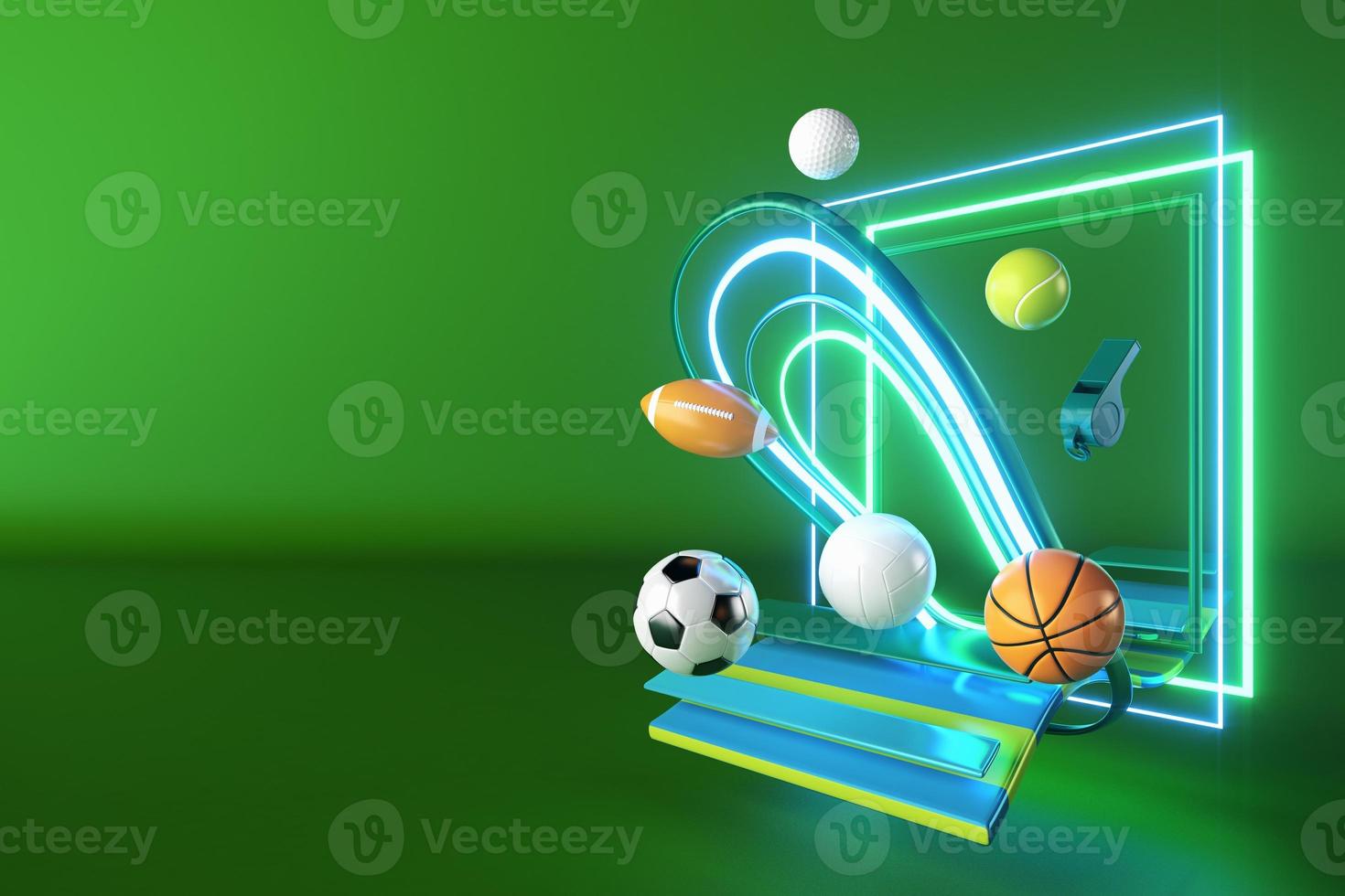 3d sport rendering. background for a sports game. 3d illustration. realistic abstract backdrop. ball object. copy space. tennis soccer basketball golf rugby volleyball elements. neon concept design. photo