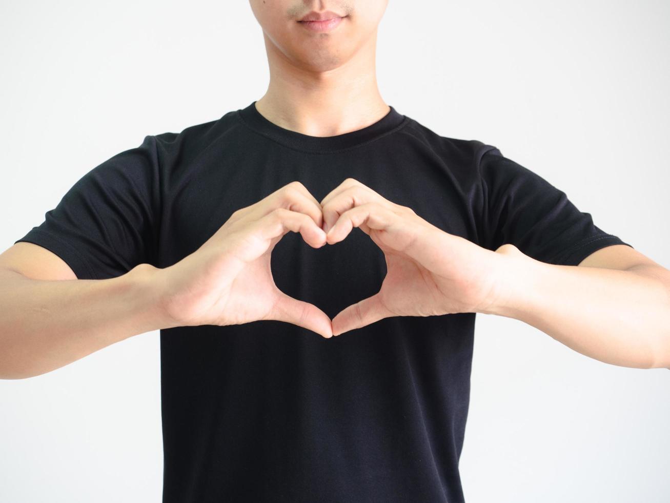Portrait man black shirt make heart by hands crop body on white isolated background photo
