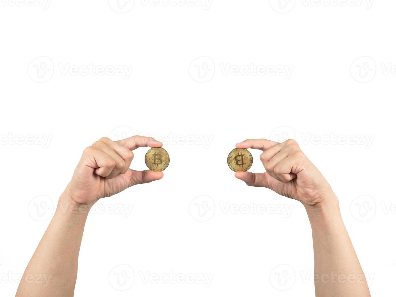 Finger holding golden bitcoin white isolated,Hand keep gold bitcoin digital money photo