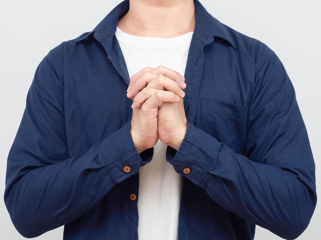 Closeup crop body man hand pray portrait white background photo