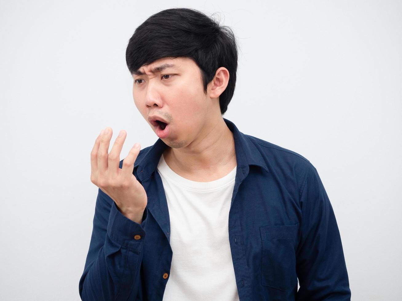 Asian man feeling sick cough and hand up portrait white background photo