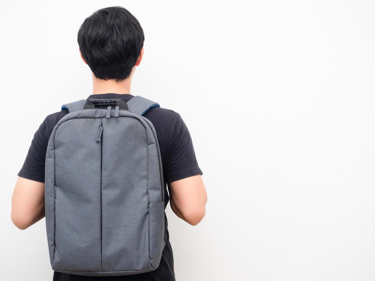 Man with school backpack stand turn back copy space white background back to school concept photo