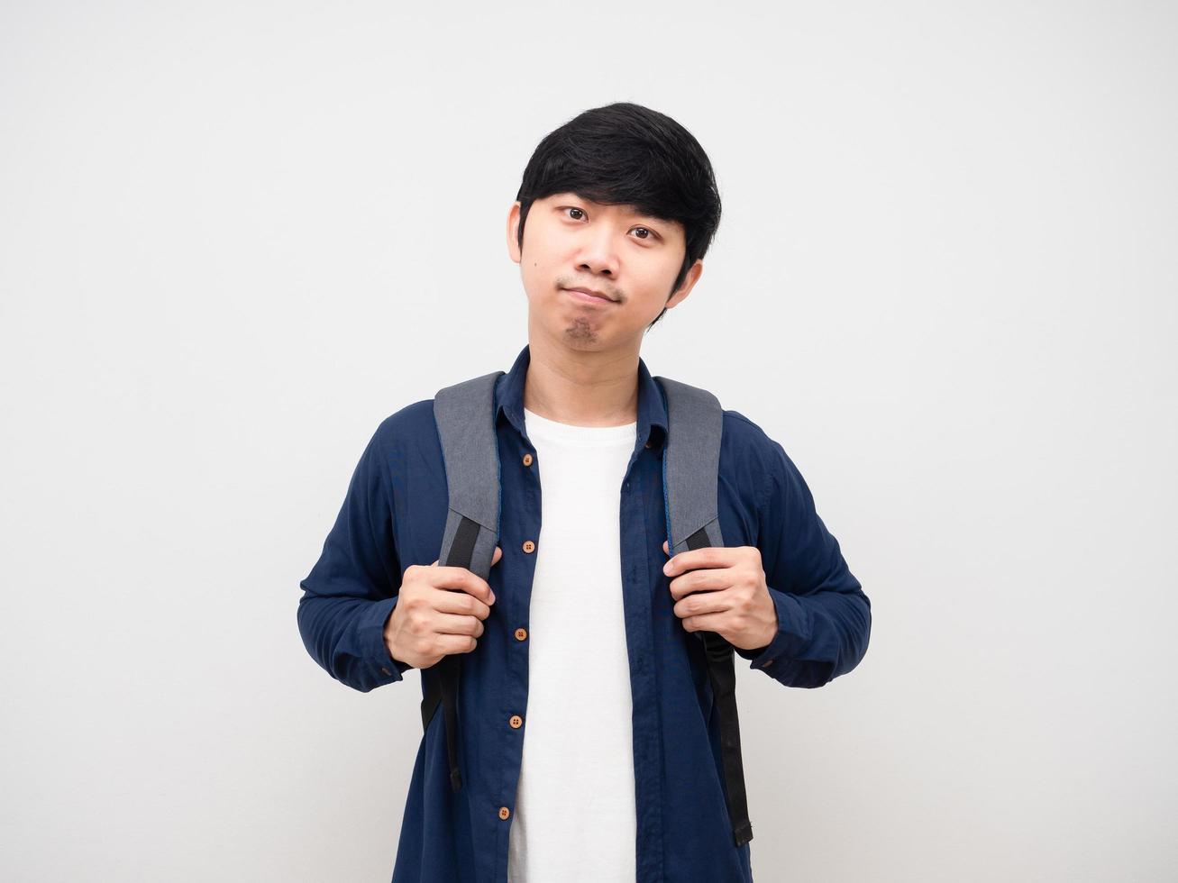 Young man with school bag look confident at face portriat white background,Asian man with backpack back to school concept photo