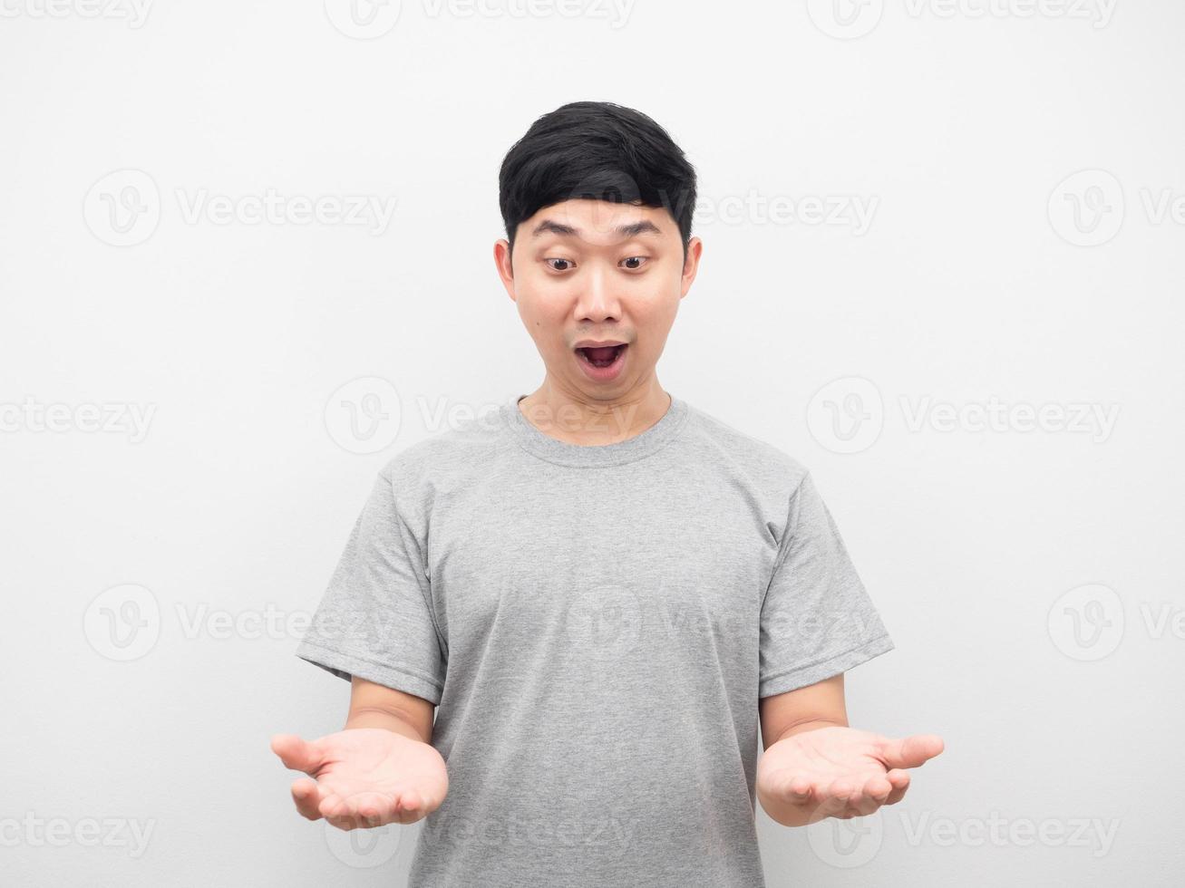 Man feeling amazed looking on empty hand photo