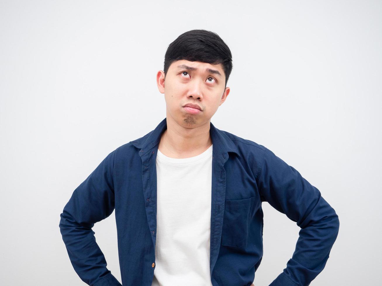 Asian man sad emotion depressed at his face on white background,Sad man portrait looking up concept photo