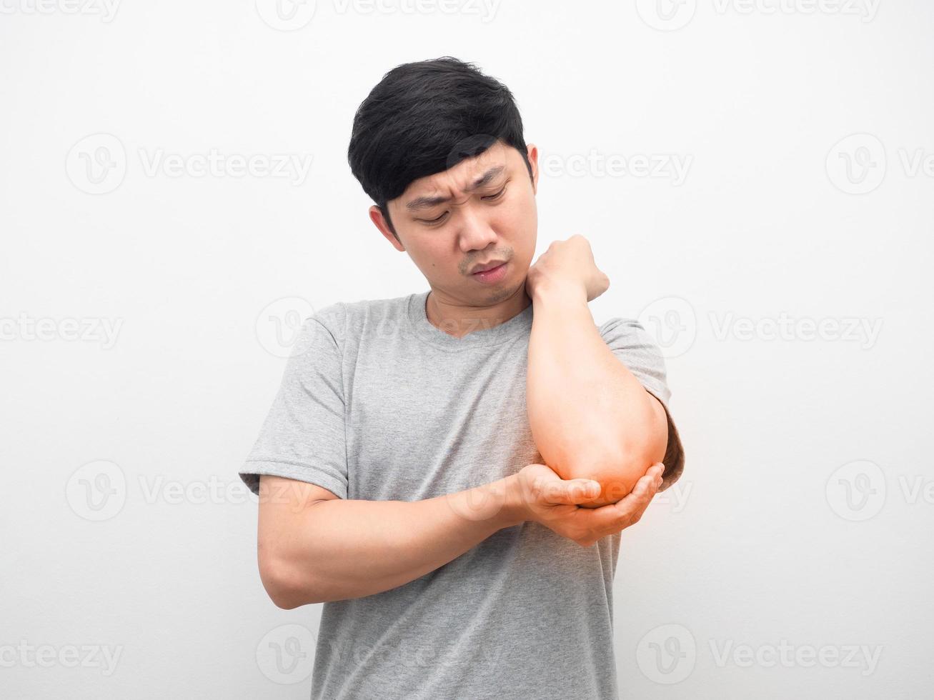 Man hurt his elbow portrait white isolated photo