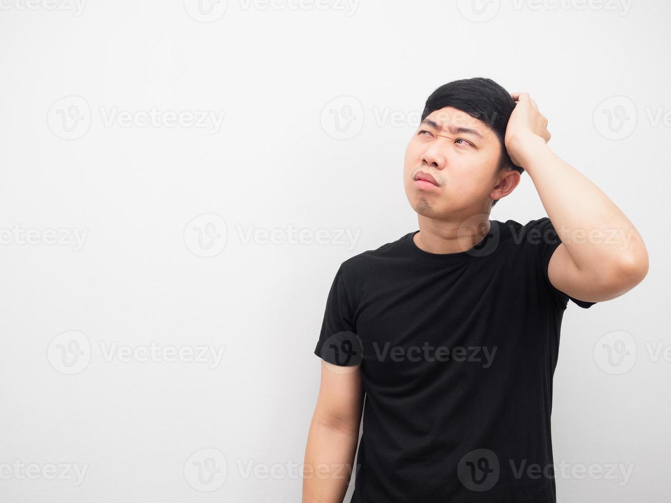 Man black shirt touch his head feeling headache copy space photo