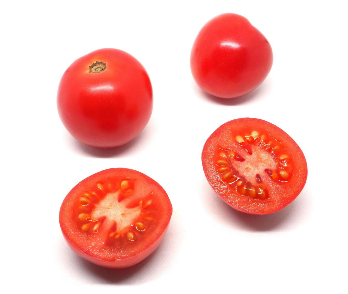 Plum tomato cut slice natural shadow on white isolated photo