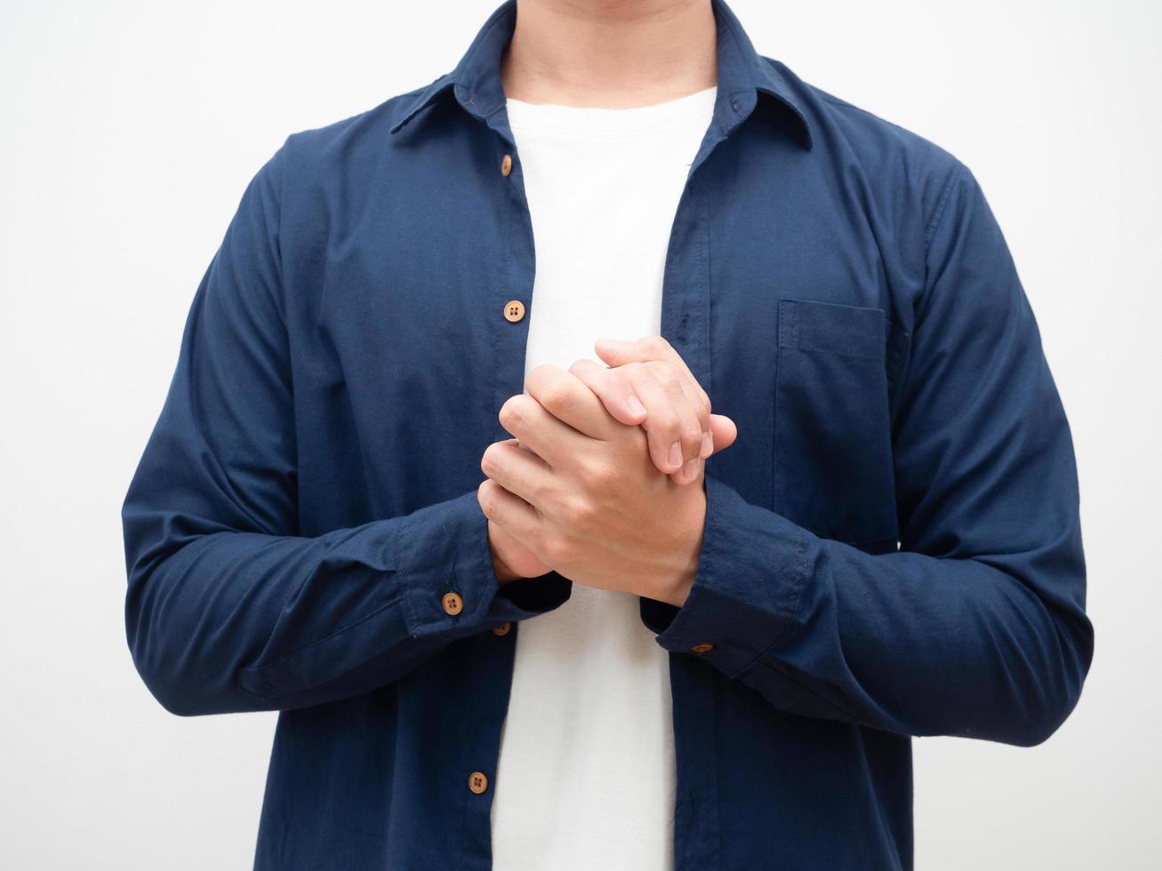 Man join join his hands crop shot white background photo