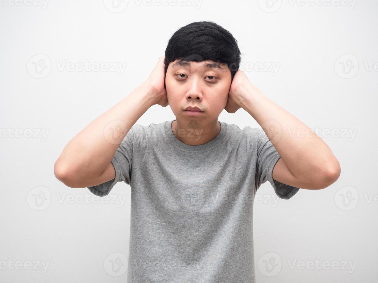 Man sleepless gesture close his ear want to sleep photo