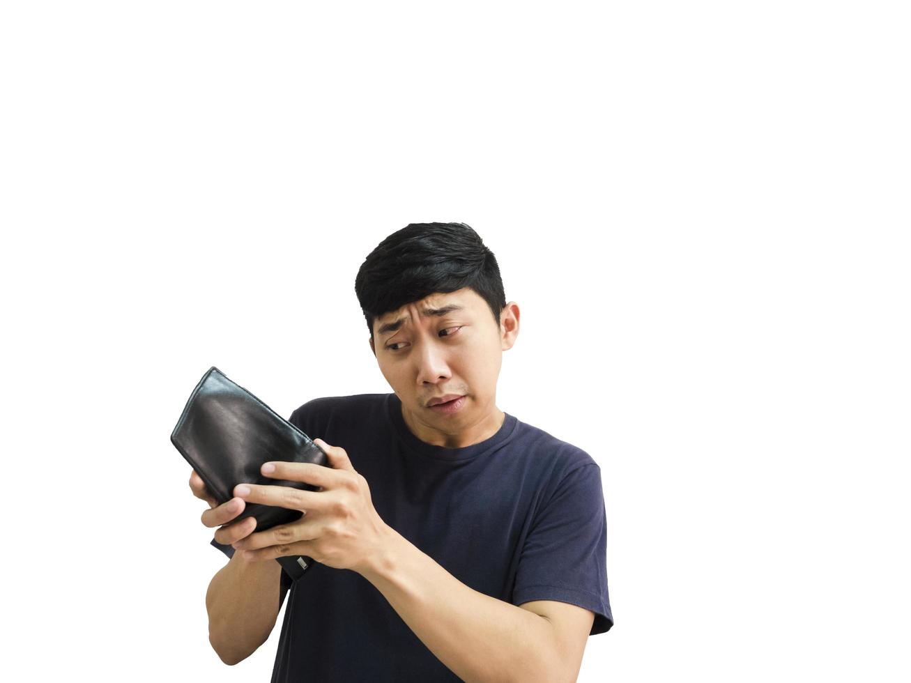 Portrait young Asian man excited with wallet in hand black color white isolate background photo