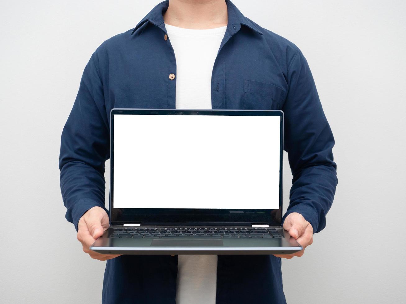 Man holding laptop white screen crop shot photo