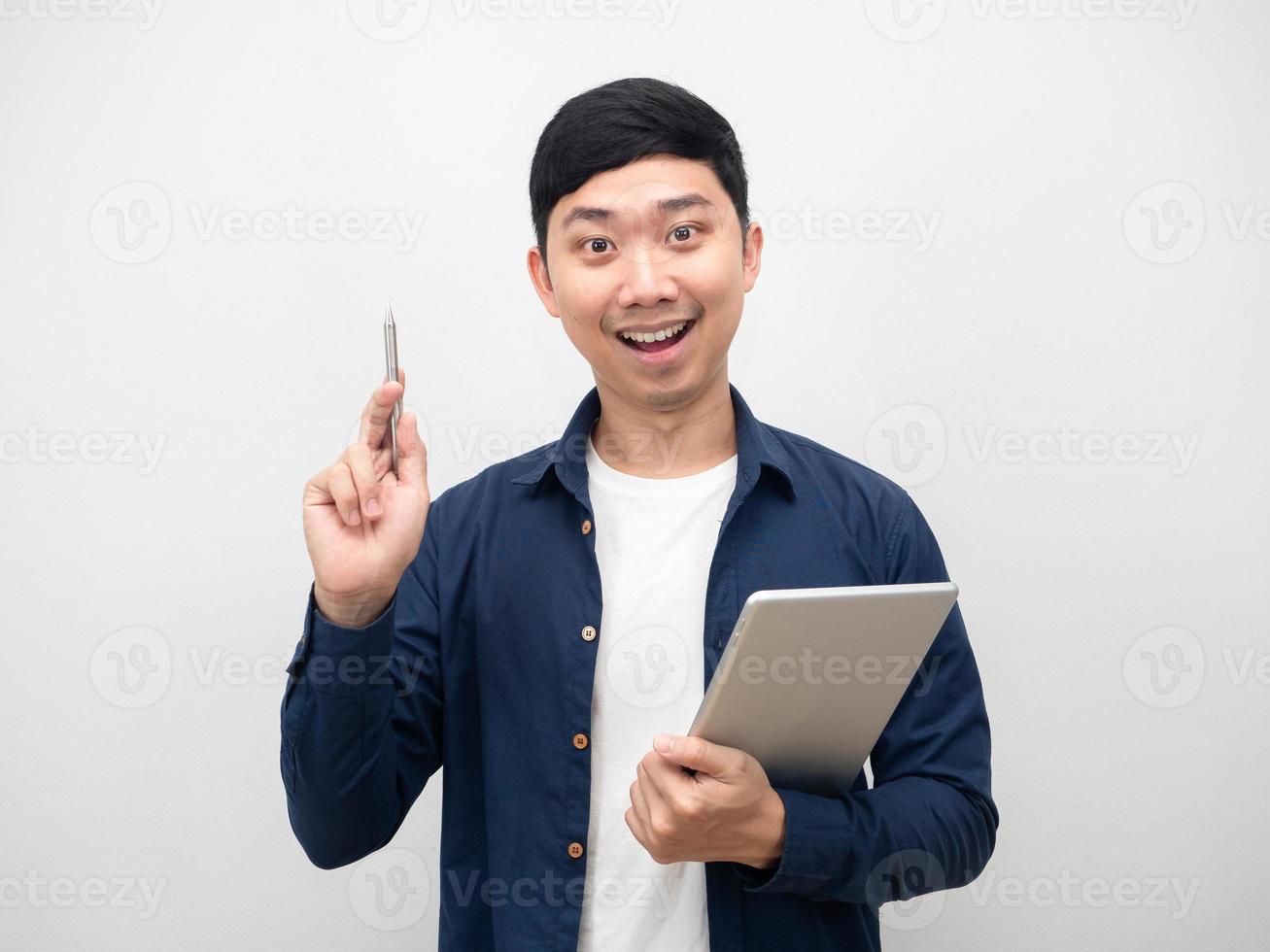 Asian man holding tablet show pen up gesture get idea photo