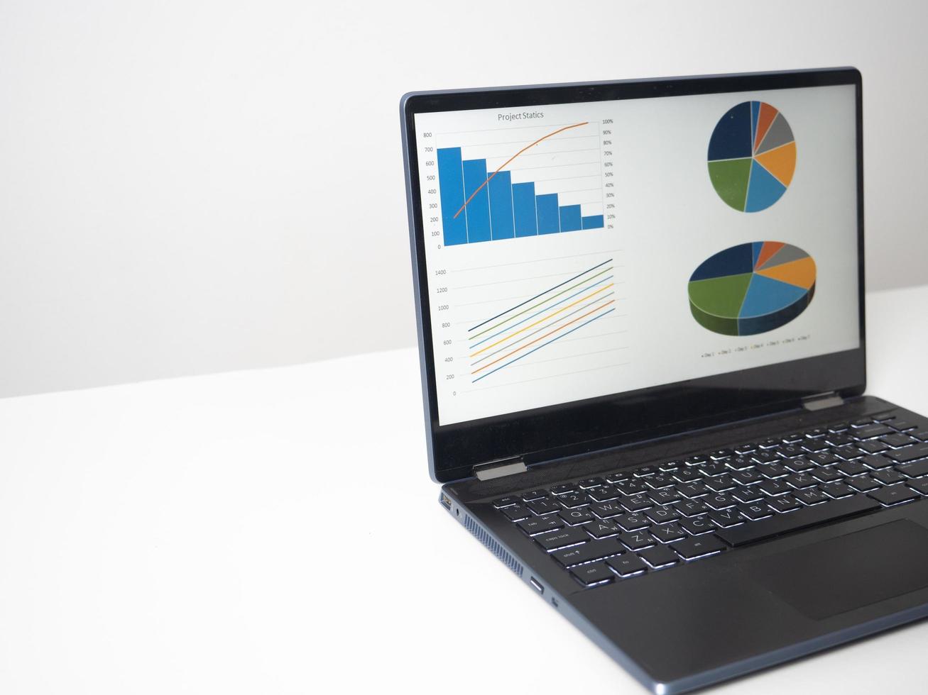 Laptop charts graphs business at screen on the table copy space photo