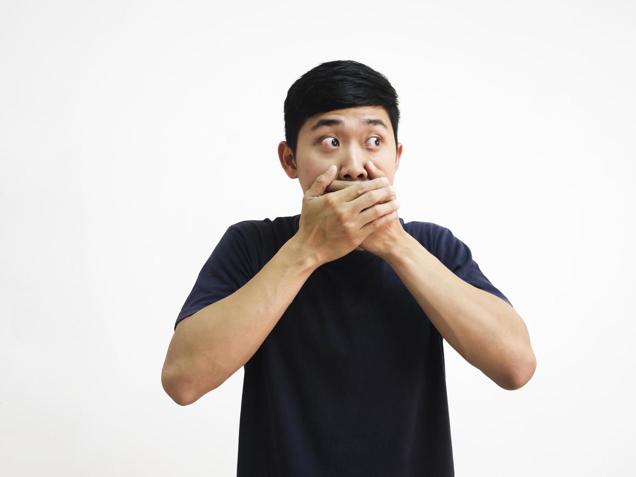 el hombre asiático cierra la boca con dos manos cara asombrada mirando el lado derecho sobre fondo blanco foto