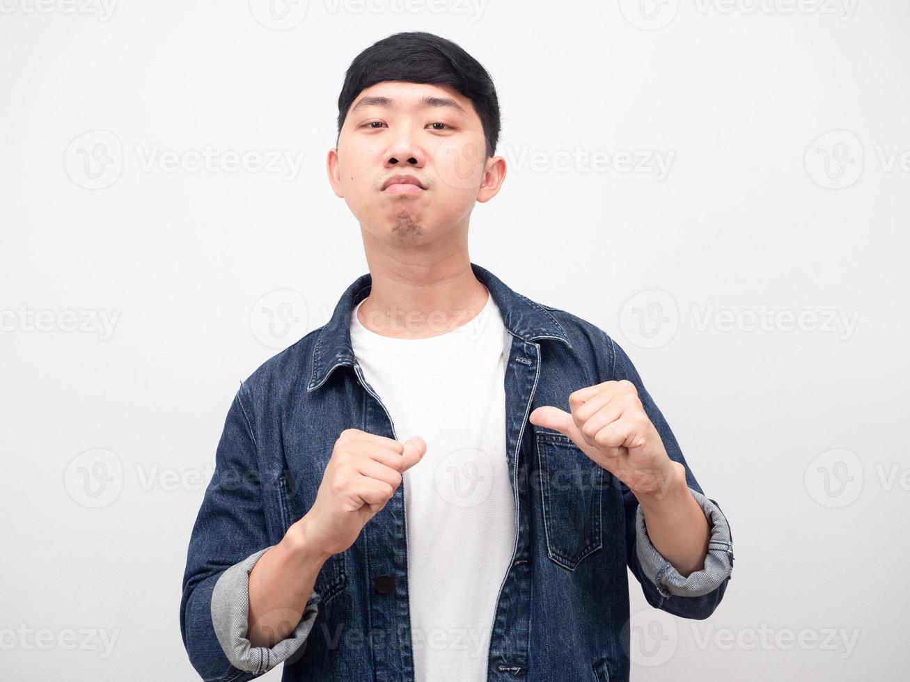 Man jean shirt confident point finger at himself arrogant face isolated photo