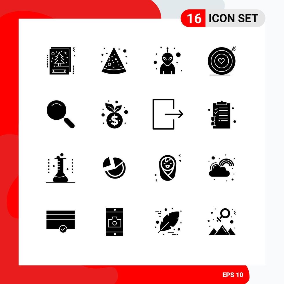 Pictogram Set of 16 Simple Solid Glyphs of search magnifier avatar general heart Editable Vector Design Elements