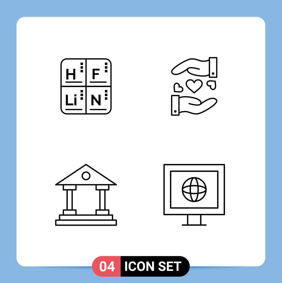 Mobile Interface Line Set of 4 Pictograms of periodic building medical heart finance Editable Vector Design Elements