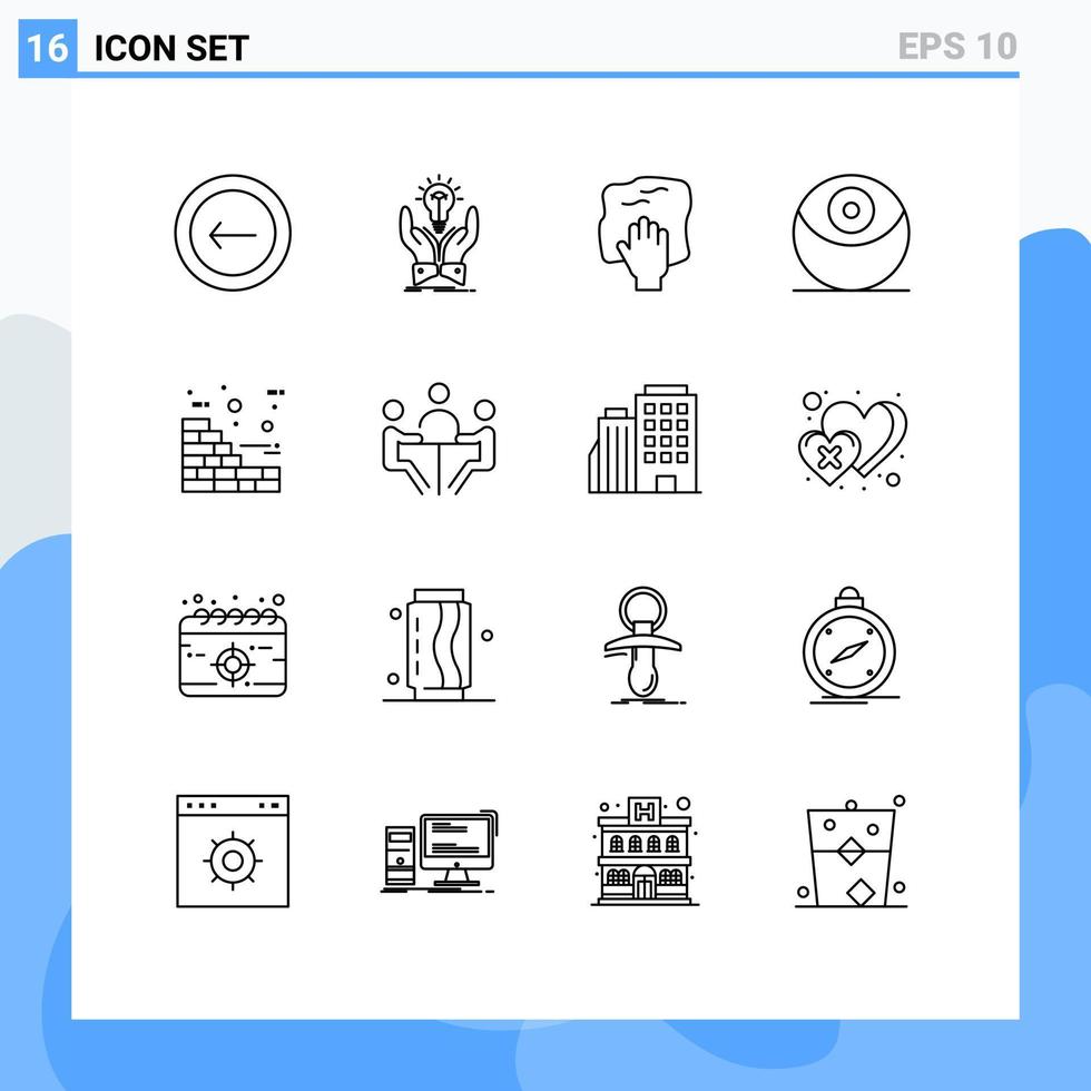 User Interface Pack of 16 Basic Outlines of bricks planet hands death rub Editable Vector Design Elements