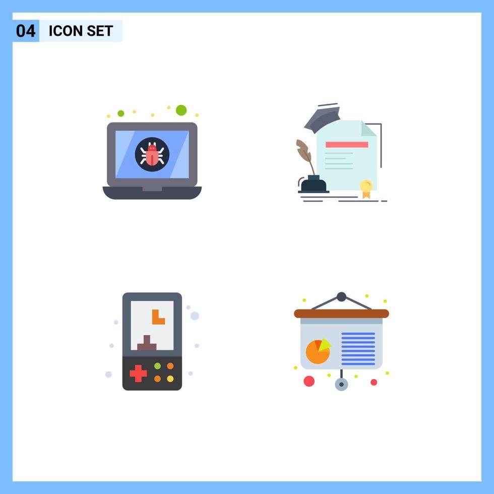 Mobile Interface Flat Icon Set of 4 Pictograms of bug electronics virus education games Editable Vector Design Elements