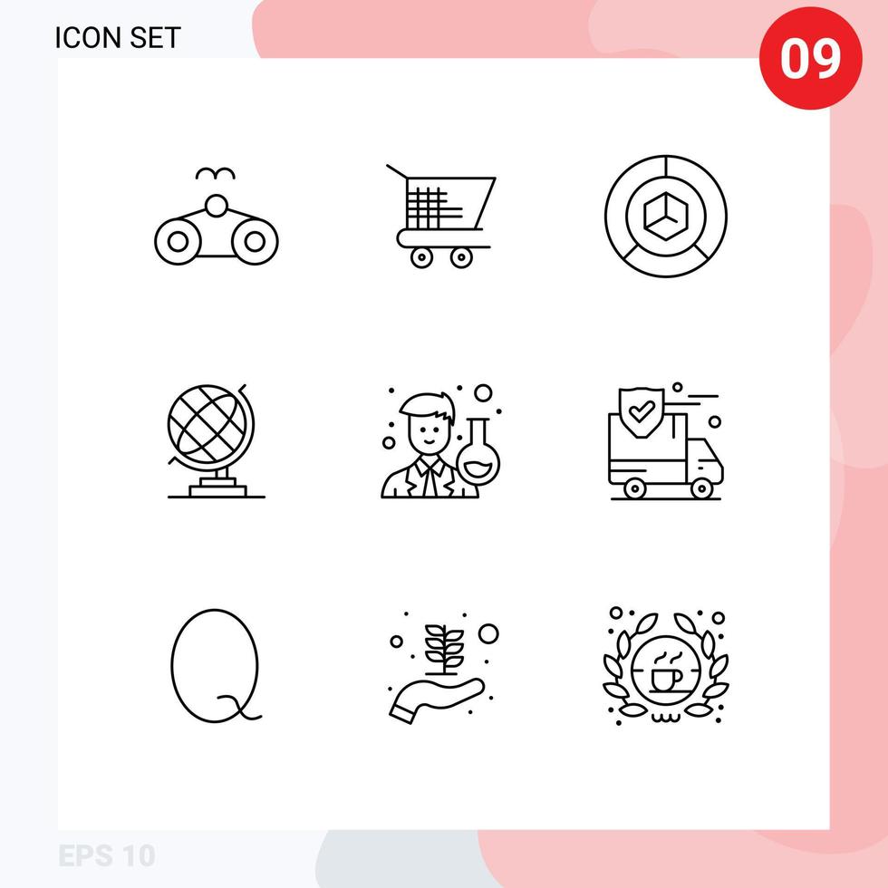 Mobile Interface Outline Set of 9 Pictograms of man scientist delivery globe earth Editable Vector Design Elements