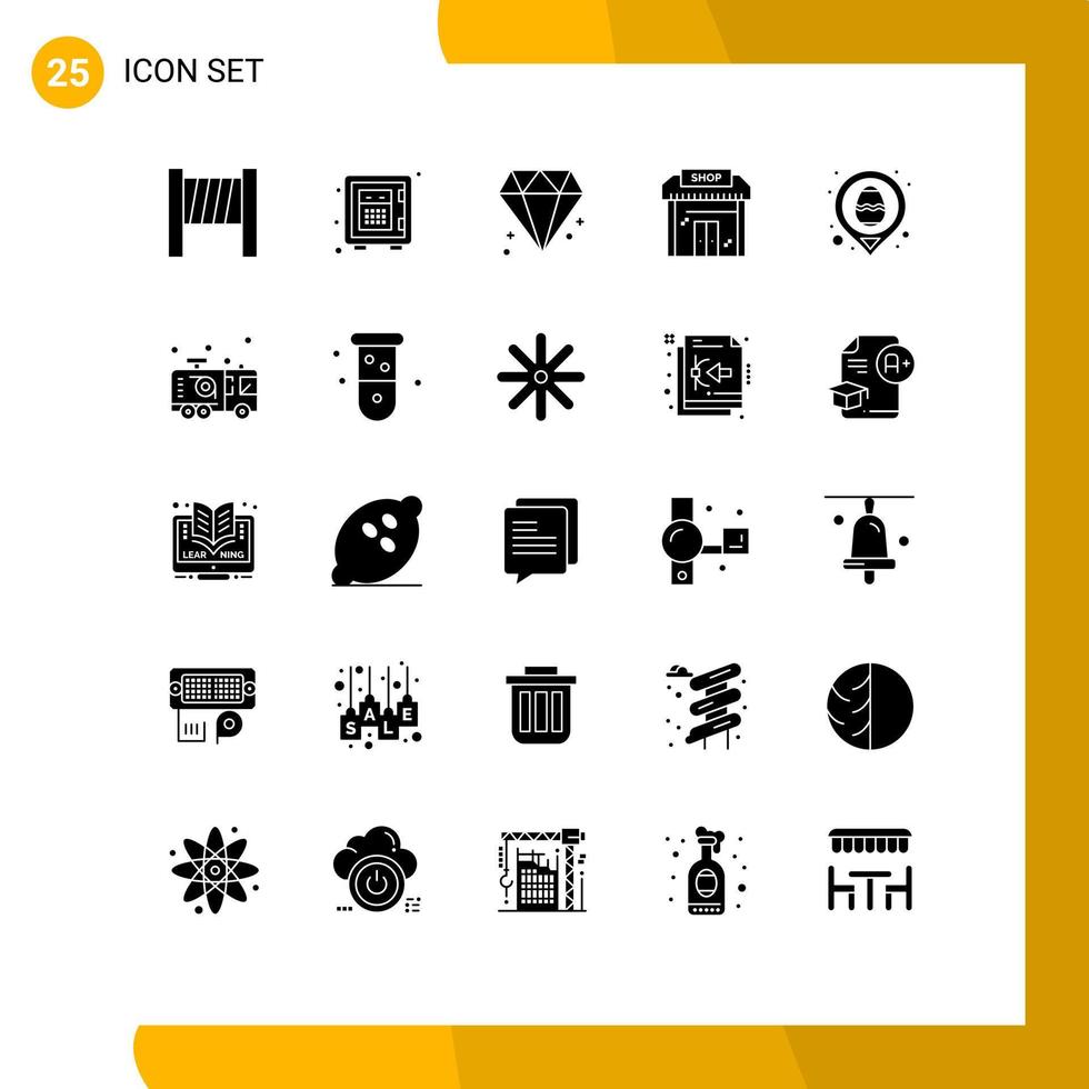 25 User Interface Solid Glyph Pack of modern Signs and Symbols of map egg jewel easter market Editable Vector Design Elements