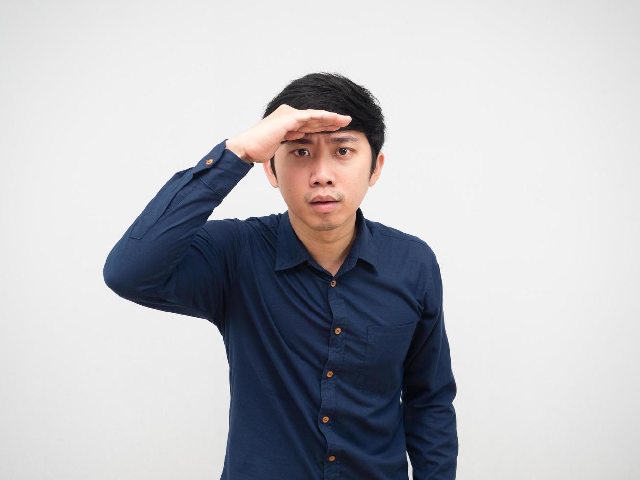Asian man looking far away hand over head,Man Stare portrait white background photo