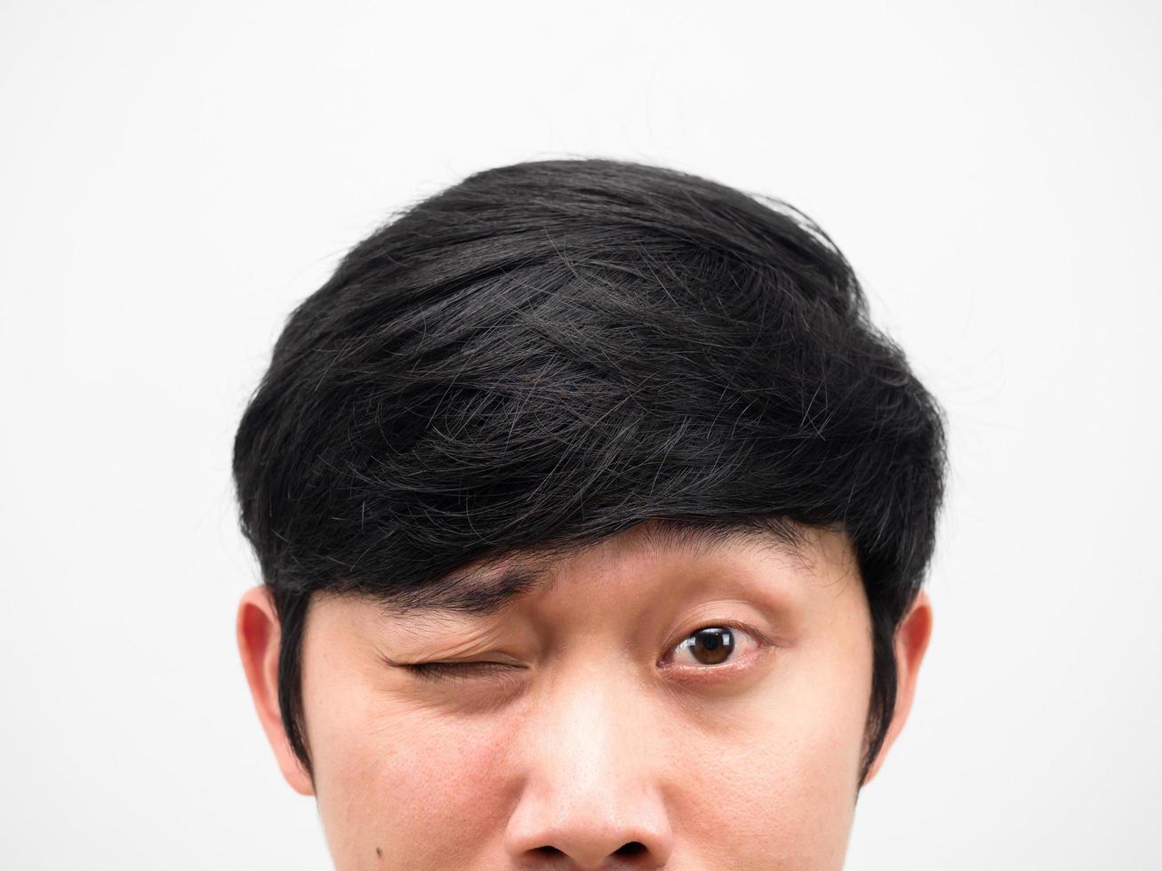 Closeup face of asian man head shot close one eye portrait photo