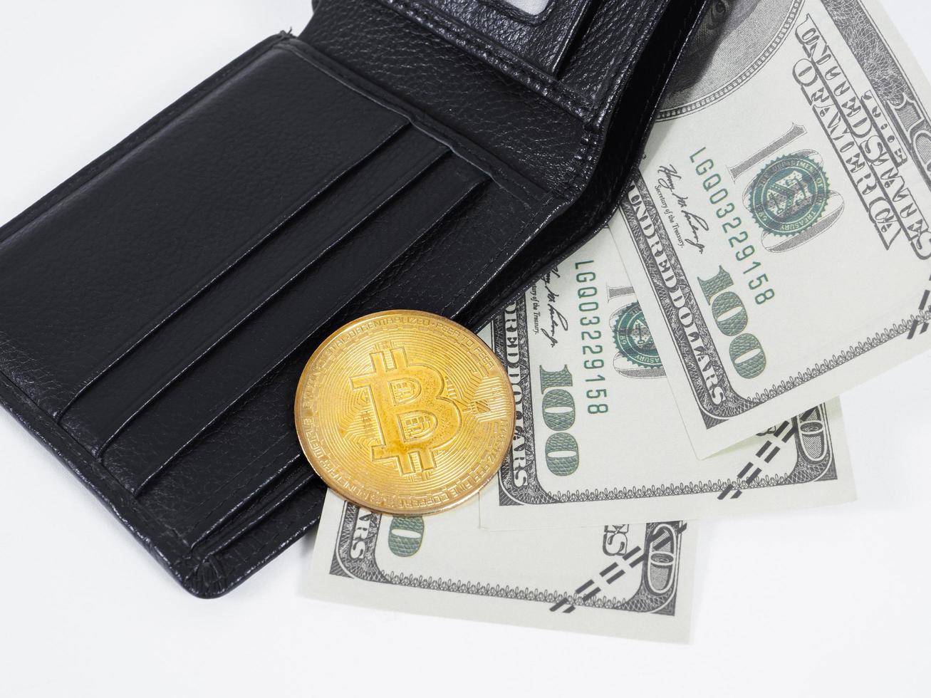 Golden bitcoin with dollar money on wallet the digital money concept photo