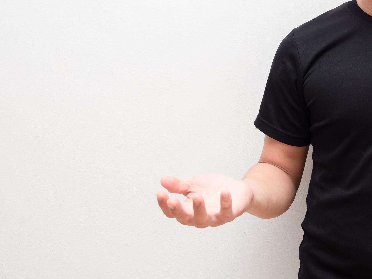 Closeup man right hand up center of body copy space on white background photo