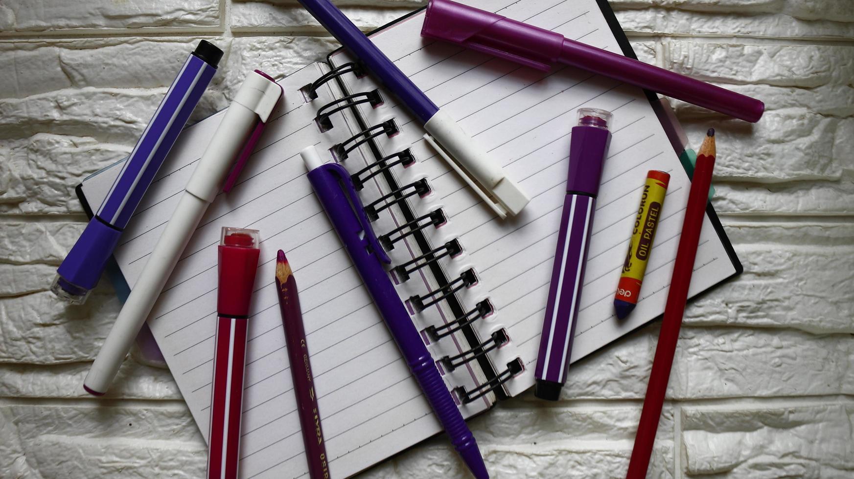Various Colored Art Supplies Scattered On Table In Karachi Pakistan 2022 photo