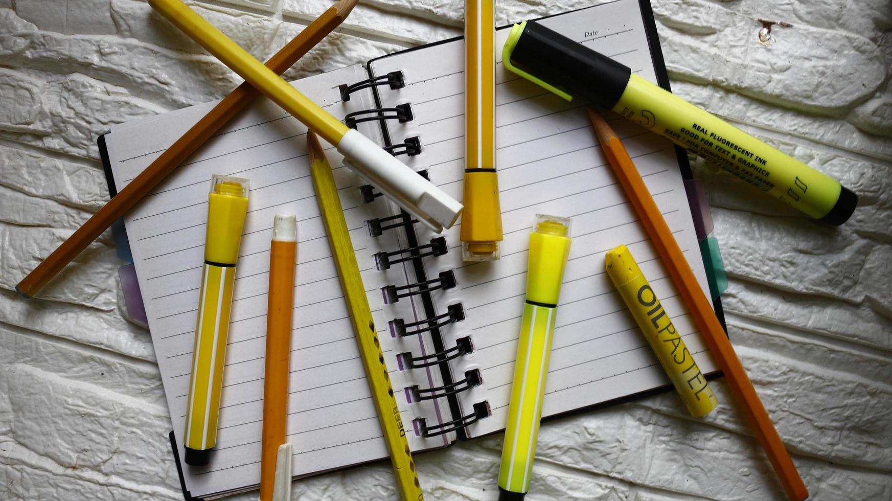 Various Colored Art Supplies Scattered On Table In Karachi Pakistan 2022 photo