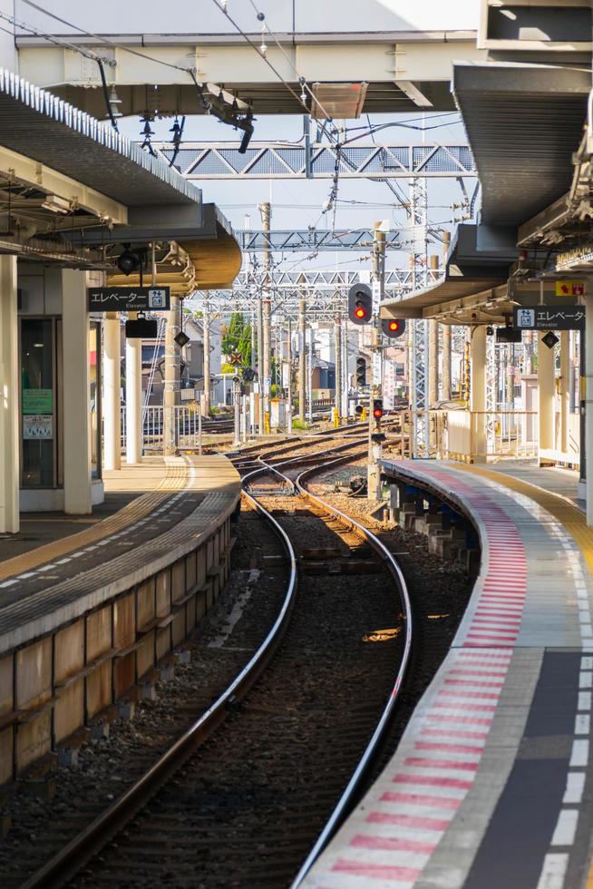 November14,2022 Fukuoka,Japan view of train track way with platform without passenger in train jr station in sunset daytime photo