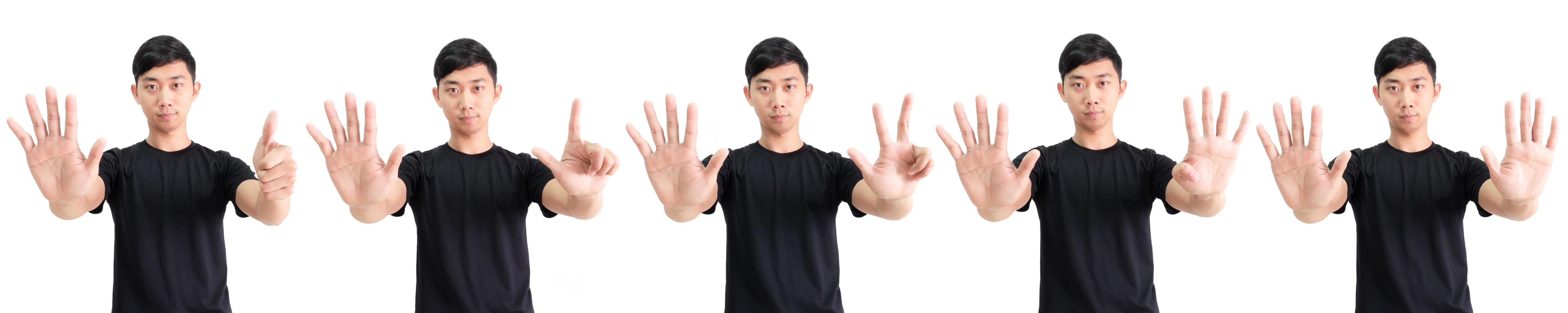 Young Asian man count six to ten by hand half body on white isolated background,Man black shirt counting number concept photo