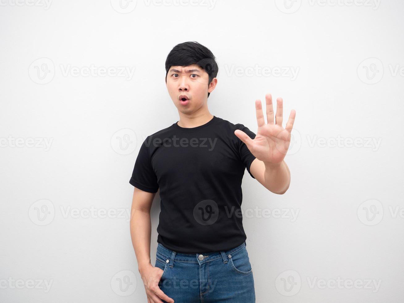 Asian man hand up gesture hold photo