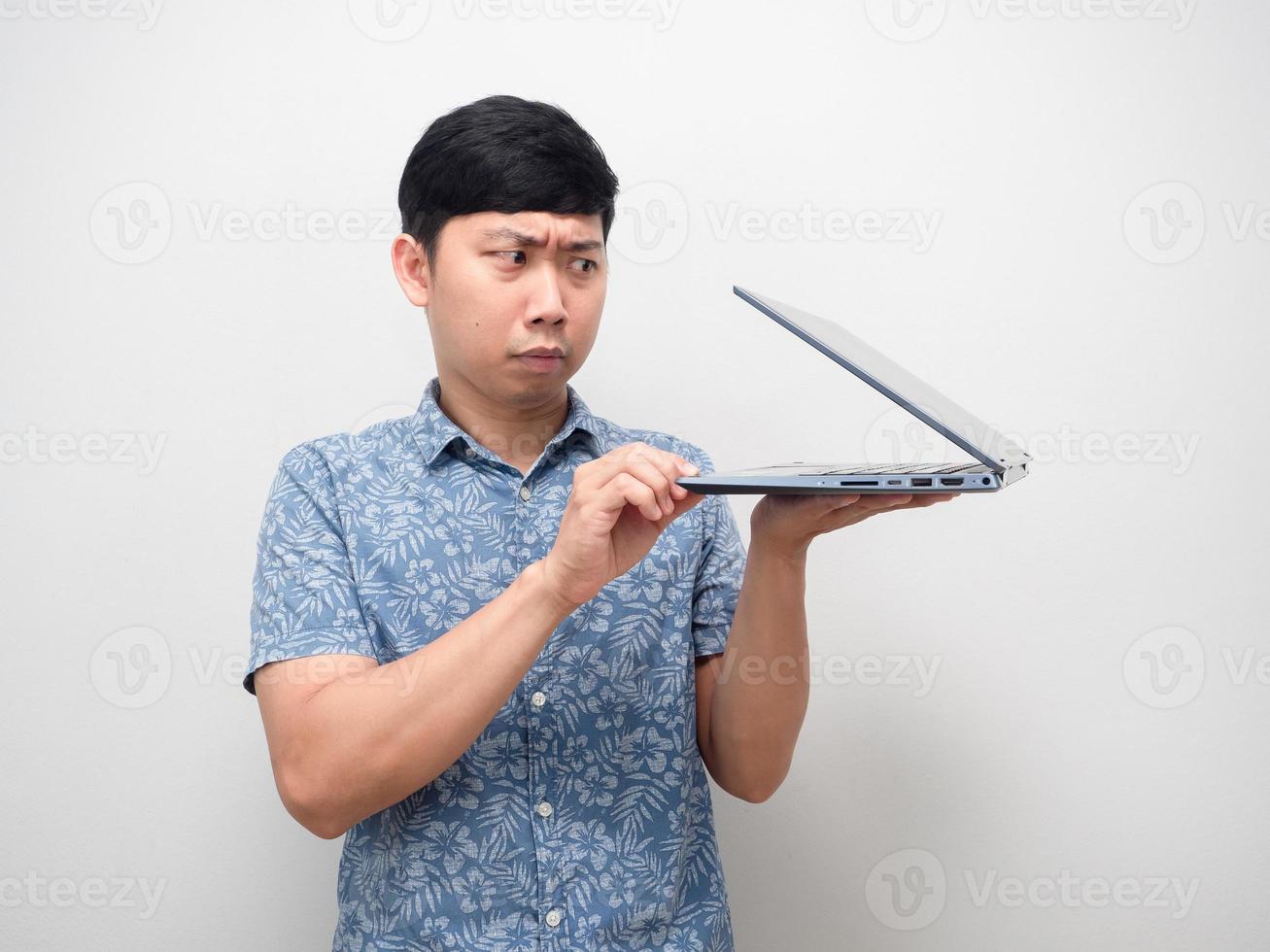 Man holding laptop gesture half open screen don't brave to looking photo