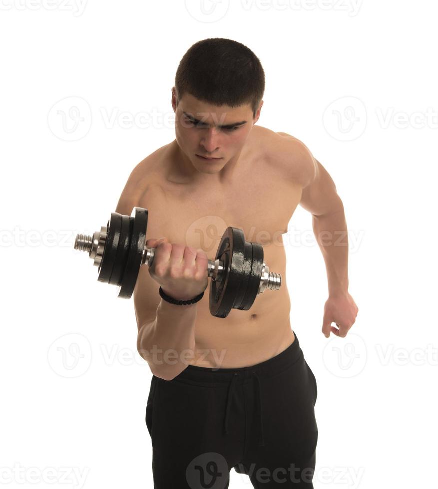 male holding  dumbbells isolated on white background photo