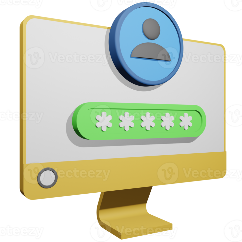 3D-Darstellung eines Computermonitors mit Login-Benutzernamen- und Passwortfeldern png