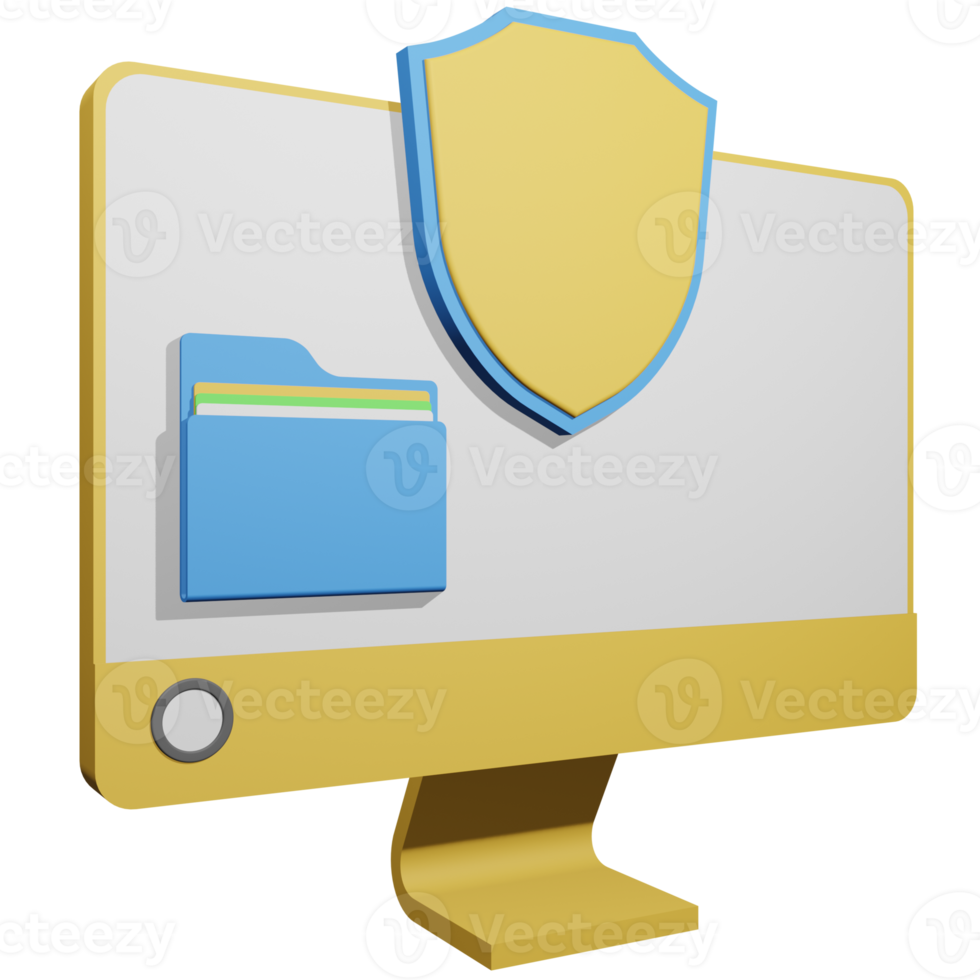 3d illustration of shield and computer monitor, security of data and files on computer png