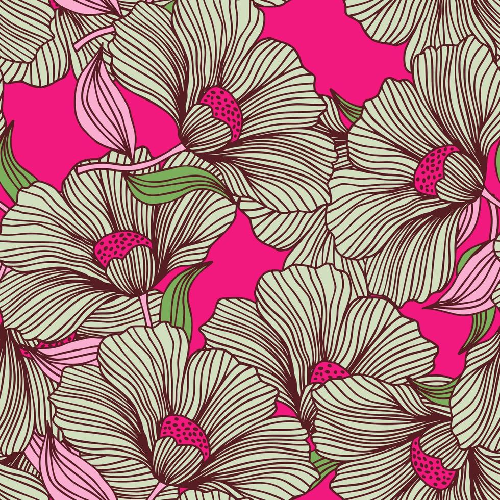 Vintage outline flower endless background. Delicate floral line seamless pattern. vector